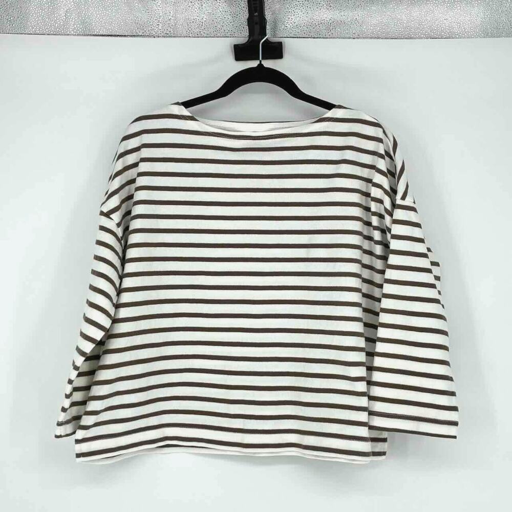 Muji White and Brown Striped 3/4 Sleeve Cropped Boxy Tee - Size M-L